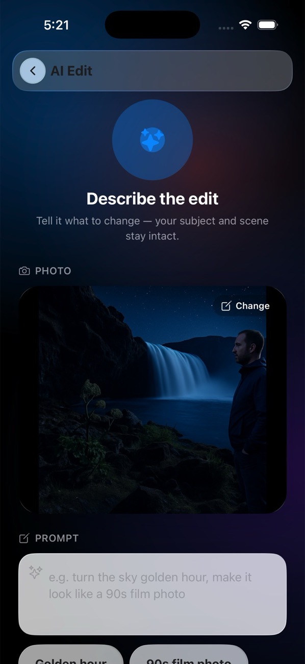 AI Edit screen — describe the edit and your subject and scene stay intact