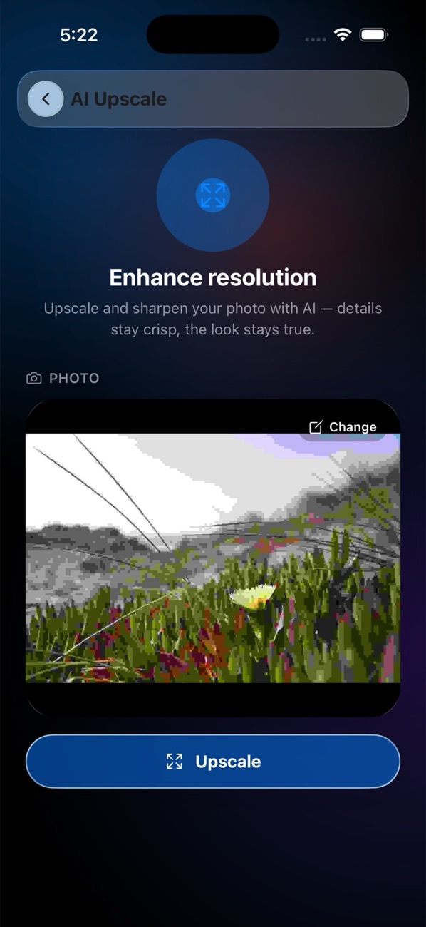 AI Upscale screen — enhance resolution while keeping the look true