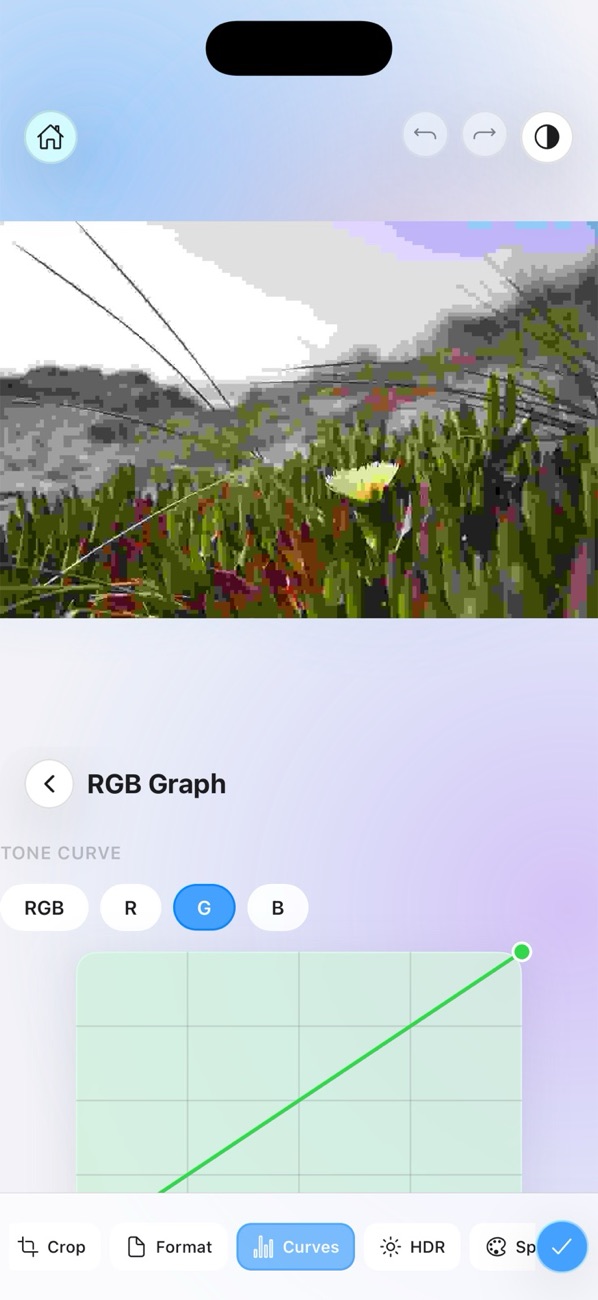 Tone curve tool with per-channel RGB graph