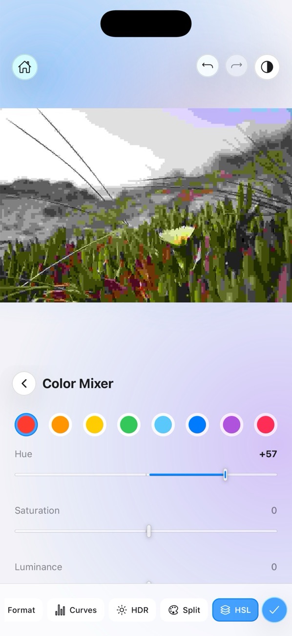 HSL color mixer with per-color hue, saturation and luminance sliders