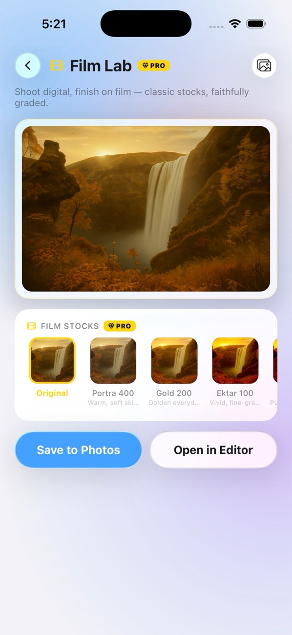 Film Lab with Portra, Gold, Ektar and Velvia film stocks previewed on a waterfall photo