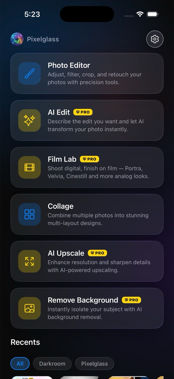 PixelGlass Pro home screen in dark mode