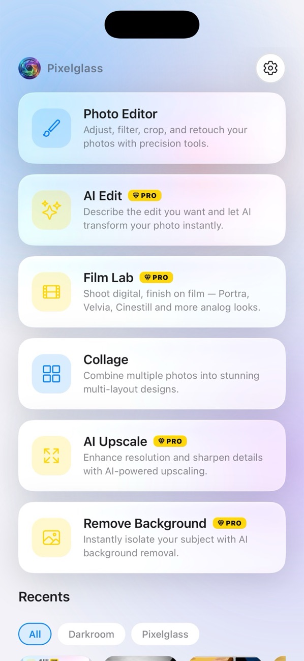 PixelGlass Pro home screen with Photo Editor, AI Edit, Film Lab, Collage, AI Upscale and Remove Background