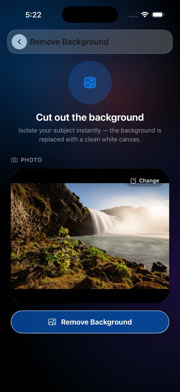 Remove Background screen — isolate your subject instantly